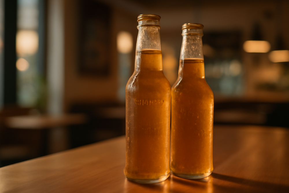 Twee flesjes alcoholvrij bier op een houten bartafel met warme sfeerverlichting