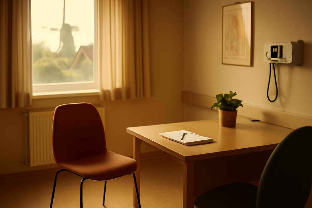 Rustige behandelkamer in een Nederlandse verslavingszorginstelling met warm licht