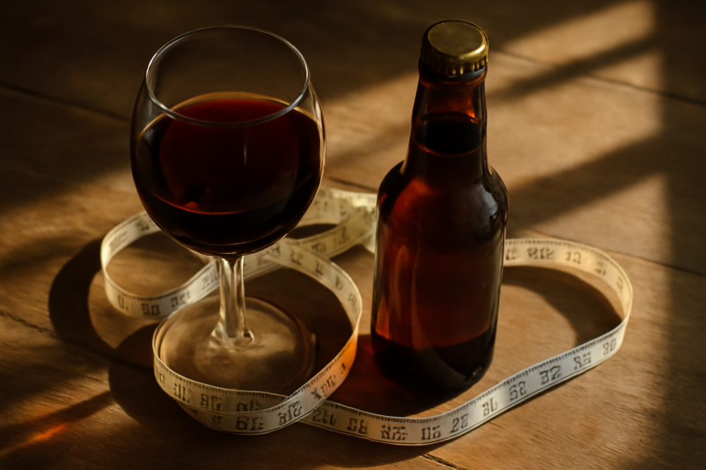 Glas wijn en flesje bier naast een meetlint, symbool voor alcohol en calorieën bij afvallen