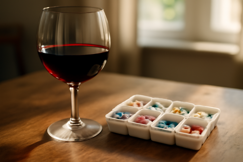Glas rode wijn naast een pillendoos met medicijnen op een houten keukentafel