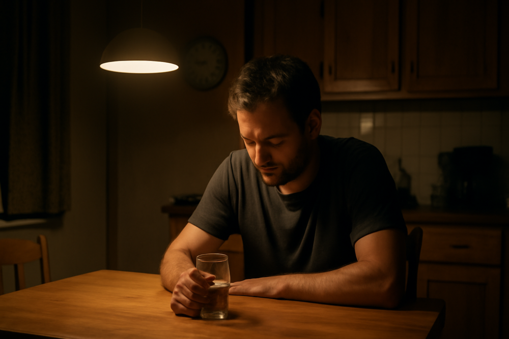 Man zit 's avonds alleen aan tafel met een glas alcohol, zichtbaar vermoeid