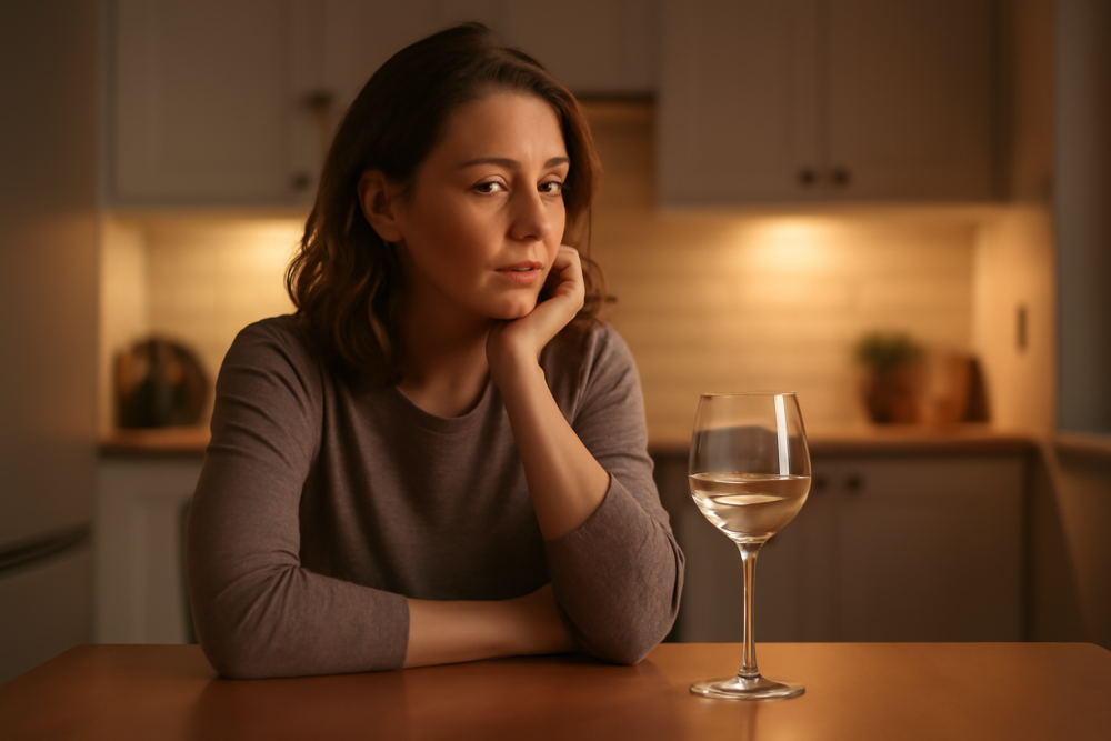 Vrouw zit alleen aan keukentafel met een glas wijn, verloren in gedachten