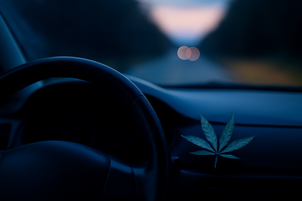 Stuurwiel van een auto met een cannabisblad op het dashboard bij schemerlicht