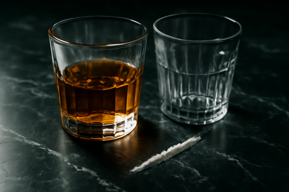 Glas alcohol en witte poeder op donker marmer, symbool voor gevaarlijke combinatie