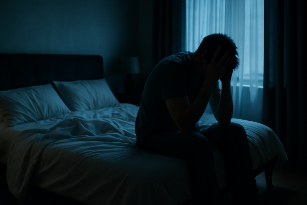 Uitgeputte persoon op de rand van een onopgemaakt bed midden in de nacht