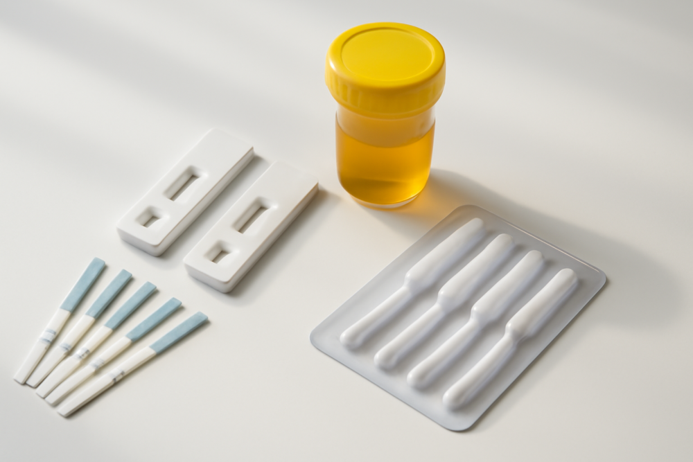 Verschillende thuisdrugtests waaronder urine teststrips en speekseltests op witte ondergrond