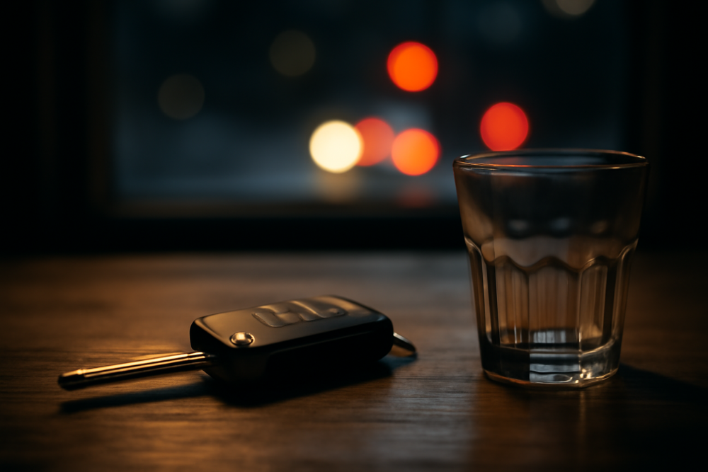 Autosleutels op tafel naast een leeg glas met wazig verkeer op de achtergrond