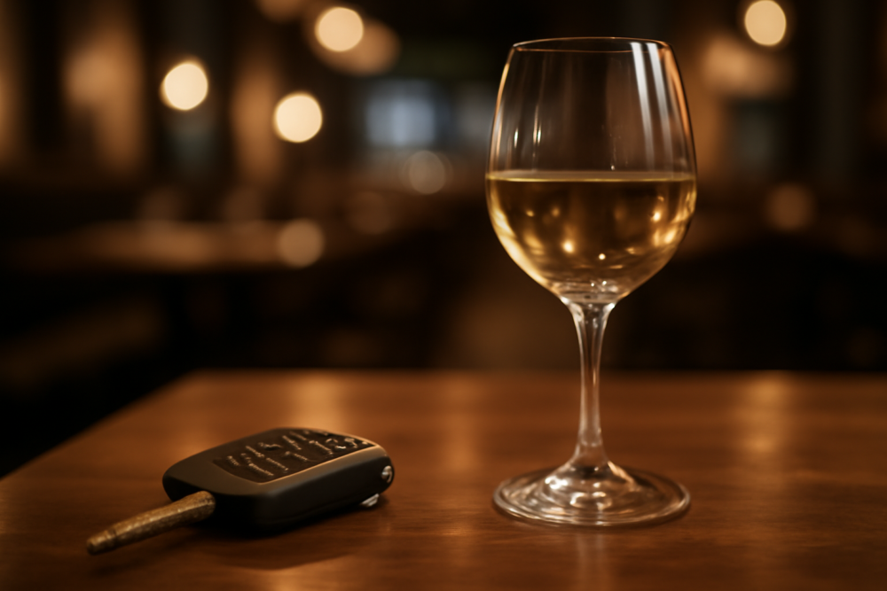 Autosleutel naast een glas wijn als symbool voor alcohol en rijden
