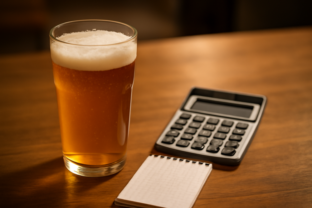 Glas bier op tafel naast notitieblok en rekenmachine voor promillage berekening