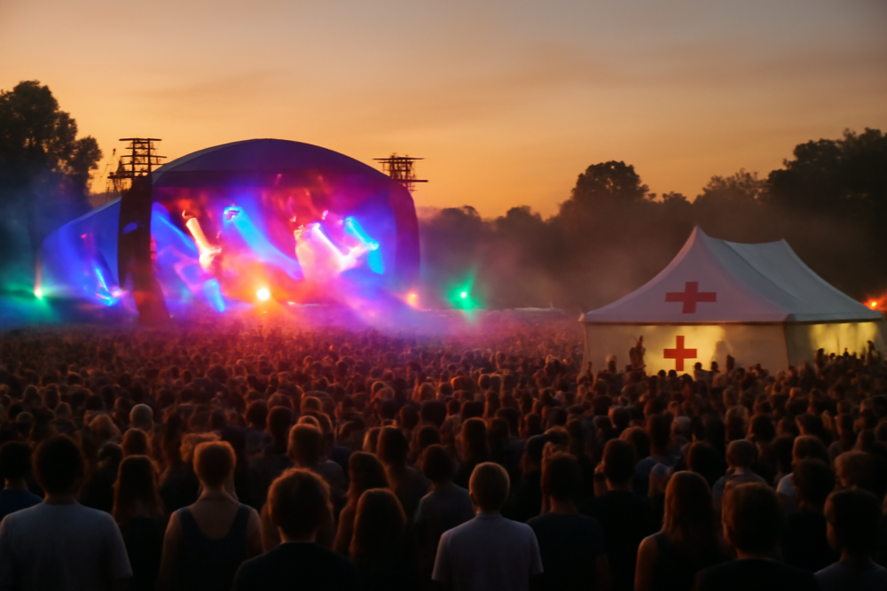 Groot Nederlands buitenfestival bij schemering met medische post zichtbaar in het publiek