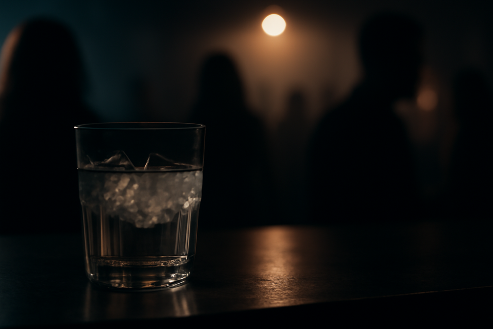 Glas met drankje op een barcounter in een donkere club, symbool voor drugging met GHB