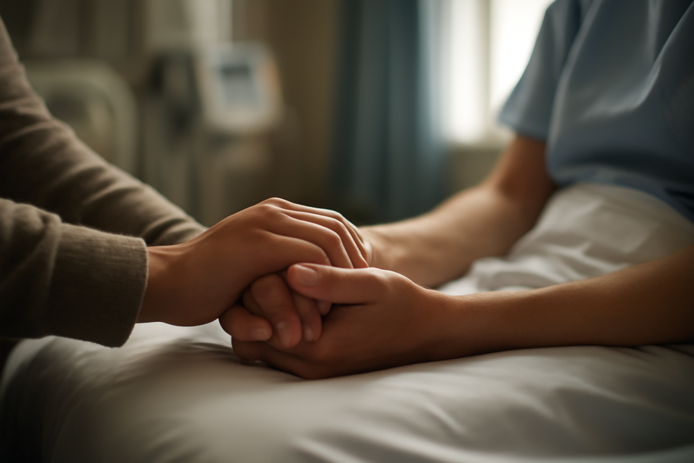 Twee handen die elkaar vasthouden in een ziekenhuiskamer als steun na een overdosis