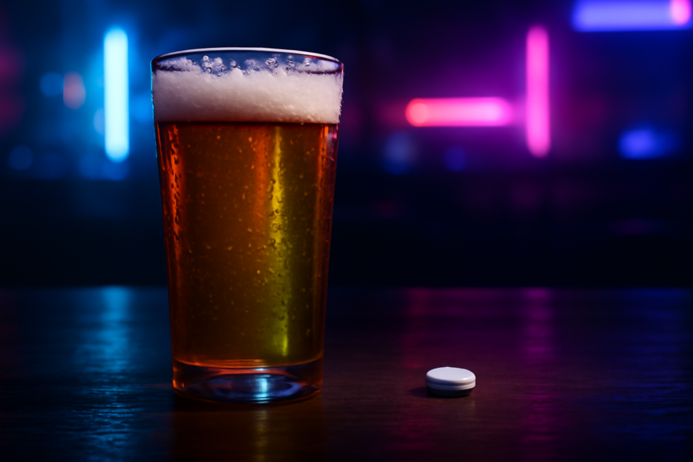 Glas bier naast een witte pil op een donkere ondergrond, symbool voor gevaar van MDMA en alcohol combineren