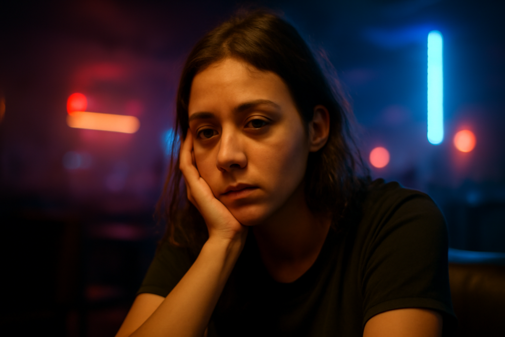 Jonge vrouw zit alleen in een donkere festivalomgeving en ziet er vermoeid uit