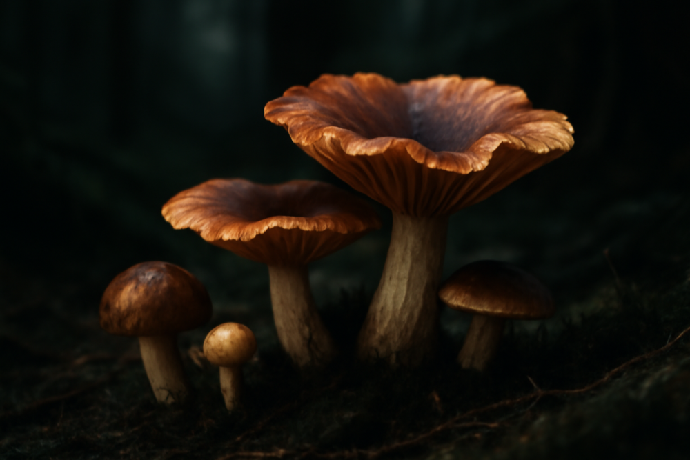 Wilde paddenstoelen in een donker bos als symbool voor de gevaren van paddo's